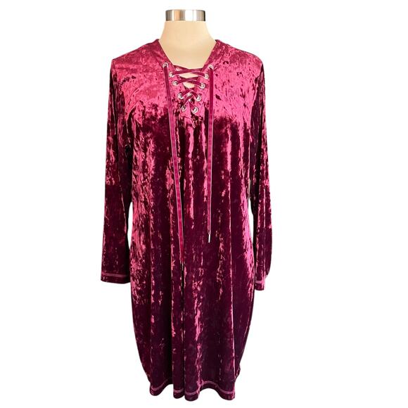 City Streets Burgundy Velvet Shift Dress Laced Neck Sz 1X Whimsygoth Valentines - Picture 1 of 7